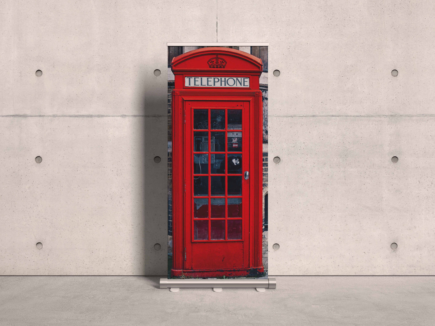 Rollup mit Bild einer Londoner Telefonzelle als Hintergrund fürs Audio-Gästebuch